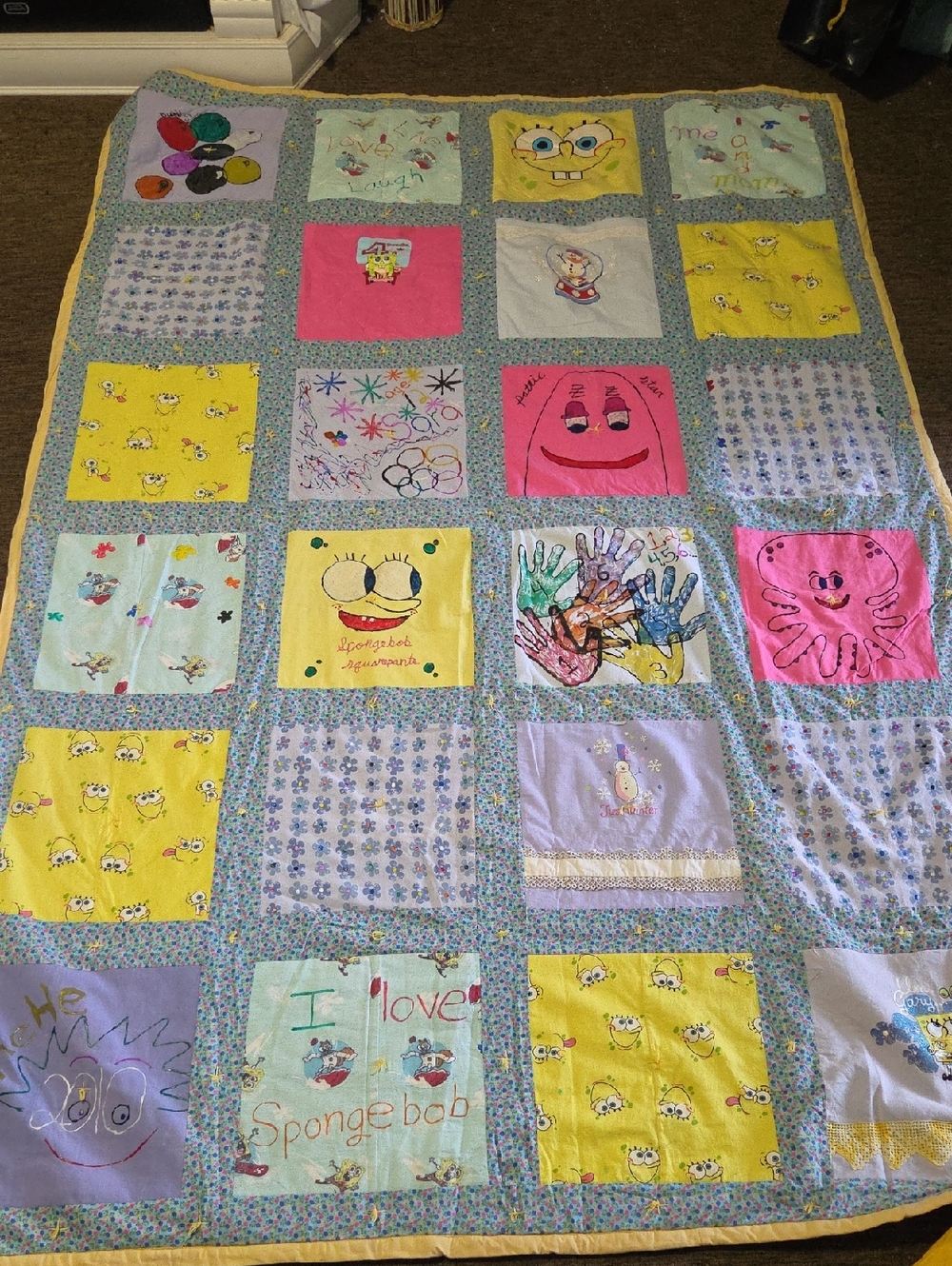 Handmade SpongeBob Patchwork Quilt Throw - Yellow Pink Multi